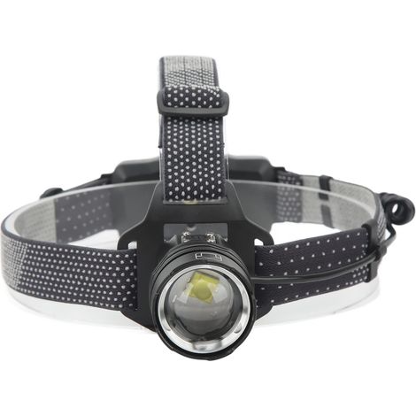LED-Stirnlampe – 3 Modi – integrierter Akku – Batterieanschluss/-ausgang – Zoom – rutschfest – ideal zum Wandern