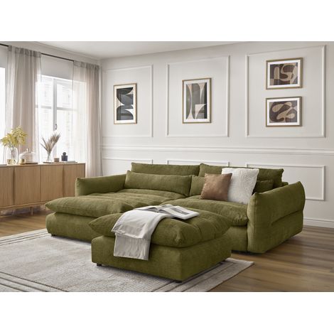 BOBOCHIC - Canapé d'angle fixe NEIL tissu texturé avec pouf Angle gauche Vert (1/5)