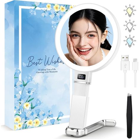 Miroir Grossissant Lumineux 30X, Miroir De Maquillage Double Face Avec Support Réglable En Hauteur, Affichage Numérique De L’Alimentation Et 3 Couleurs D’Éclairage À Intensité Variable, Blanc (1/5)