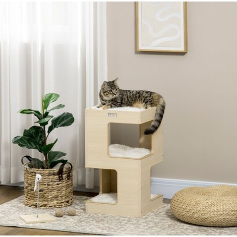 Torre per gatti a 3 livelli 34x34x60 cm, con cuscini, giocattolo a molla, in peluche, colore rovere (1/5)