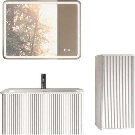 GagaEnsemble salle de bain LED 60 cm avec vasque, miroir carre et colonne blanc (1/4)