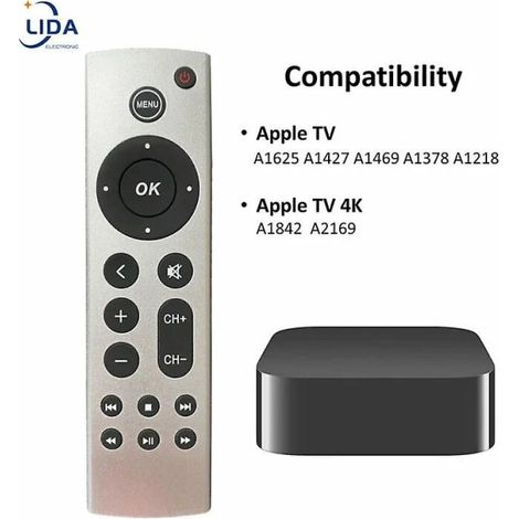 Télécommande universelle de remplacement compatible avec Apple TV 4K/HD A2169 A1842 A1625 A1427 A1469 A1378 A1218 (sans commande vocale) (1/5)