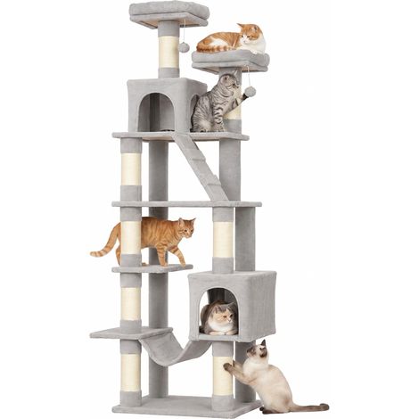 PawHut árbol rascador para gatos 204 cm multinivel con 2 cuevas, hamaca, 2 camas, postes de sisal, escalera, 2 bolas colgantes, para 1-3, gris claro (1/5)