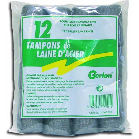 Sachet de 12 tampons en laine d'acier – Pour nettoyage surfaces délicates – Résistant à l'usure – Compatible avec tous types de supports – Gerlon
