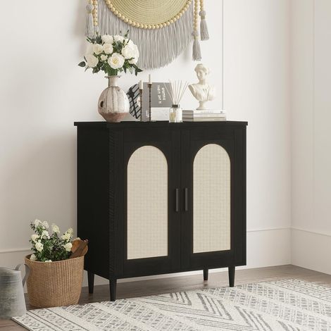 Buffet Bas en Rotin Moderne avec 2 Portes et Étagère Réglable, Meuble de Rangement en MDF et Rotin PE Noir pour Entrée, Salon et Salle à Manger, Noir (1/5)