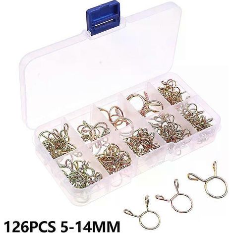 126 Stück/Box 5 mm–14 mm Schlauchschellen, verzinkt, Federklemmen, Schlauchschellen, Kraftstoffleitungsschellen für Boote, Motorräder (1/4)