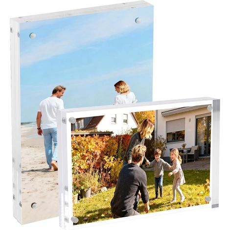 Lot de 2 Cadres Magnétiques Acryliques 10x15cm Cadres Photo Double Face Sans Cadre Bloc Photo Plexiglas Transparent avec Support de Bureau et Commode (1/5)