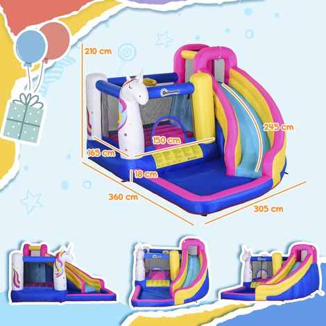 Aufblasbares Einhornschloss für Kinder mit Rutsche, Pool, Hüpfbett und Luftpumpe, 360 x 305 x 210 cm, mehrfarbig