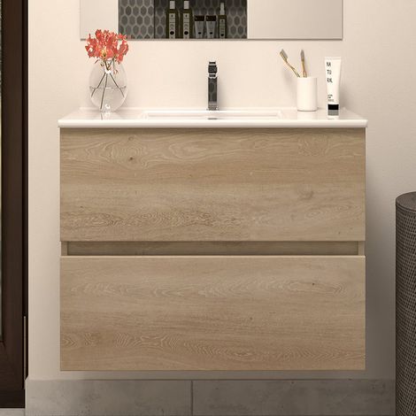 Meuble sous vasque seul, 2 tiroirs, 60cm, pour simple vasque - nebraska (chêne clair) - IDA