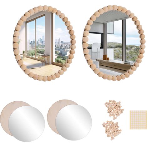 2 Sets Miroirs muraux bohèmes décoratifs avec Perles en Bois pour Salle de Bain, Salon, Chambre à Coucher Diamètre 20 cm (1/5)