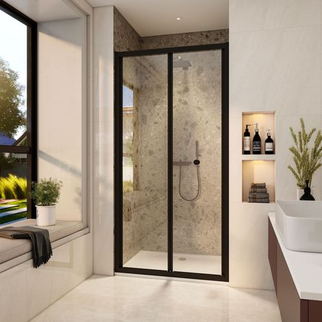 Stech Homes 700x1850mm Modern Bathroom Black Framed Bi Fold Shower Door Walk In Enclosure Safety Glass Screen (1/5)