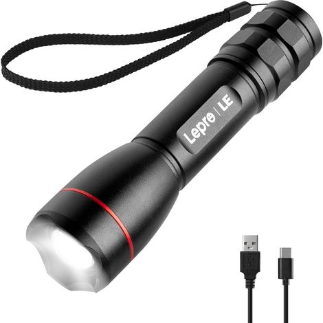 Lampe Torche Rechargeable 1000lm Zoomable 5 Modes D’éclairage Longue autonomie, jusqu'à 250m, boîtier alu costaud, étanche IPX4. Pour pêche camping panne de courant (1/5)