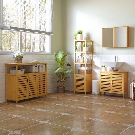 Meuble de salle de bain en bambou 36 x 33 x 140 cm, 3 étagères ouvertes, naturel (1/5)