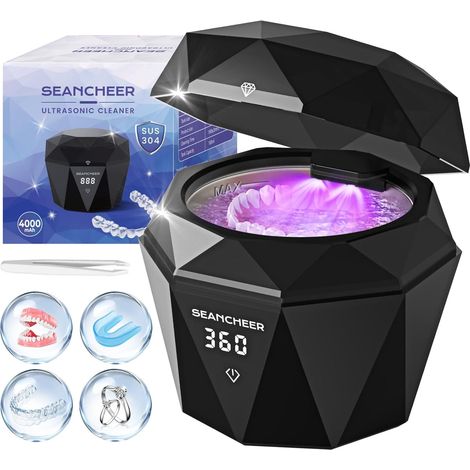 Nettoyeur Ultrasons 48kHz Dental Pod Rechargeable IPX7 180ML Mini Ultrasonic Cleaner Portable avec Lampe UV pour Prothese Dentaire Gouttiere Dentaire Bruxisme Retainer Noir (1/5)