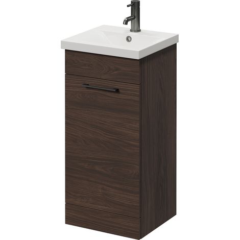 Napoli 390 Brown Oak 400mm Single Door Vanity Unit with Glide Basin - 400mm - Gunmetal Grey 160mm Handle
