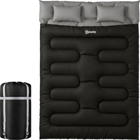 Sac de couchage double pour 2 adultes avec oreillers, couleur noire.