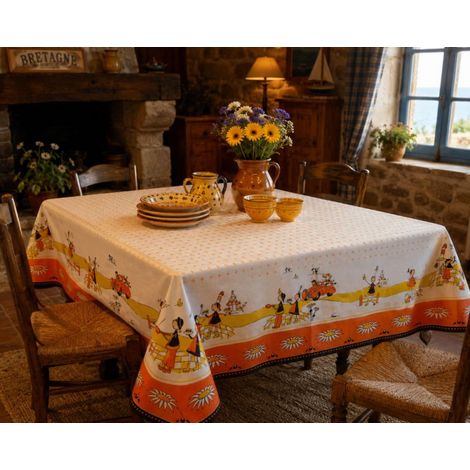 Nappe en coton motif breton – Authenticité et charme de la Bretagne - 160x250cm - Orange