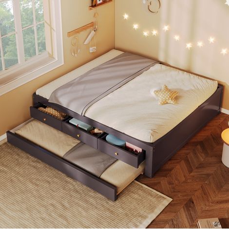 Lit gigogne 140x200 cm en bois café, 3 tiroirs, gain de place, sans matelas – MEUBLIV (1/5)