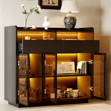 Vitrine 100 x 40 x 91,5 cm, verre de sécurité teinté, 2 tiroirs vitrés, éclairage LED multicolore, meuble bar et rangement cuisine, MDF, noir (1/5)