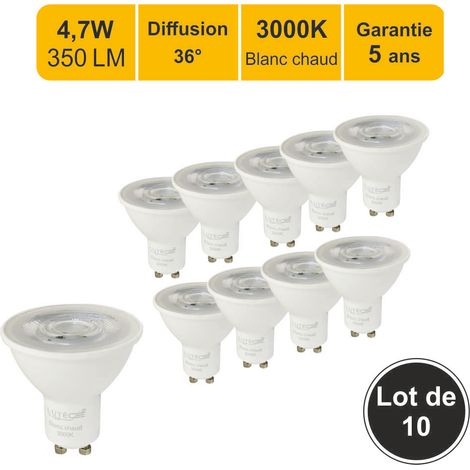 Lot de 10 ampoules LED GU10 36° 4,7W (équiv. 50W) 350Lm 3000K - garantie 5 ans