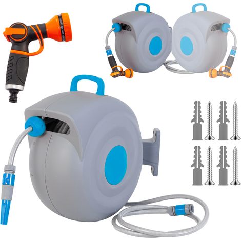 Enrouleur automatique de tuyau d’arrosage 30 m à fixation murale, pistolet pulvérisateur 9 jets, résistant aux UV, résistant au gel, orientable à 180° – support mural et matériel de montage inclus (1/5)