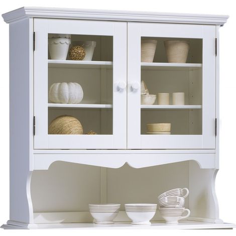 Beaux Meubles Pas Chers – Vaisselier blanc haut 2 portes vitrées – Structure en MDF et pin massif – Largeur 98 cm – 2 tablettes réglables – Bois durable