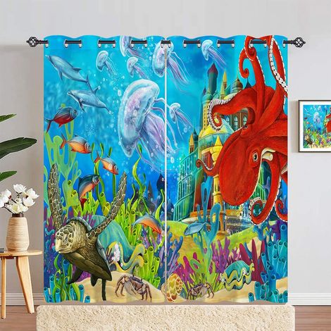 Rideau Occultant Océan Château Pieuvre Tenture Opaque à Oeillets Draperies Intérieurs Rideau Thermique Isolant pour Maison Chambre Salon Fenetre 2 Pièces L 140 x H 183 cm - 140L X 183H cm (2 Panneaux) (1/5)