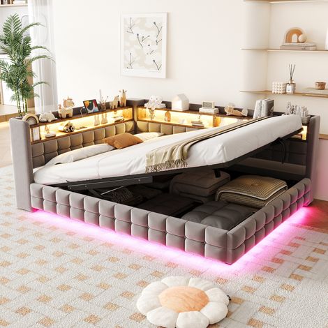 Lit coffre 140 x 200 cm avec LED, prise USB Type-C, rangement, gris clair DESVIAE (1/5)