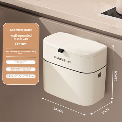 Poubelle murale de cuisine, poubelle domestique de grande valeur avec grand couvercle, corbeille à papier carrée non perforée, vente en gros (blanc crème) (1/5)