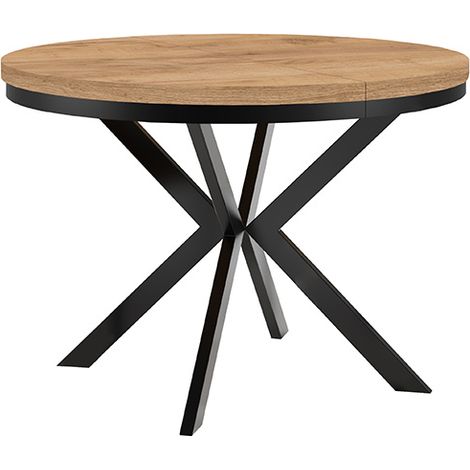 Table de salle à manger ronde extensible ENDIK avec cerclage métallique, diamètre : 100 / 200 cm, couleur :craft or / noir (1/3)