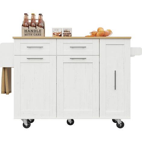 ELVMI Kücheninsel mit Klappbarer Tischplatte, Erweiterbarem Stauraum und Feststellbaren Rollen, 110 x 46 x 90.5 cm, Weiß (1/5)
