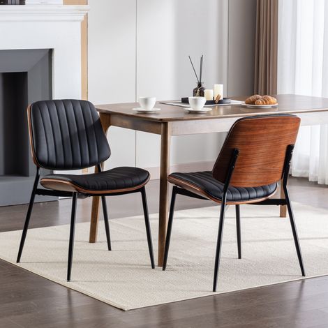 Lot de 2 fauteuils, en bois et métal, noir, pour cuisine et salle à manger, dossier bois courbé noyer, pieds métal réglables