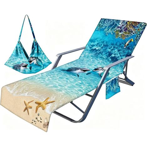 Serviette pour Transat Plage, Serviette pour Chaise Longue de Jardin Bain de Soleil avec Poches Latérales Poids Léger Microfibre Portable Océan 3D à Séchage Rapide (Dauphin,75x210cm) (1/5)