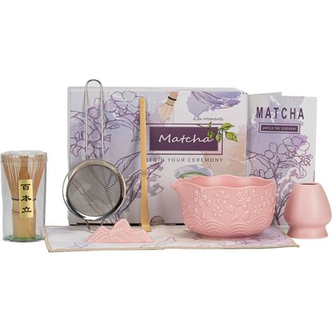 Service à matcha en céramique, bol à motif de fleurs de cerisier en relief, ensemble de 7 pièces, coffret couleur de qualité. (1/5)