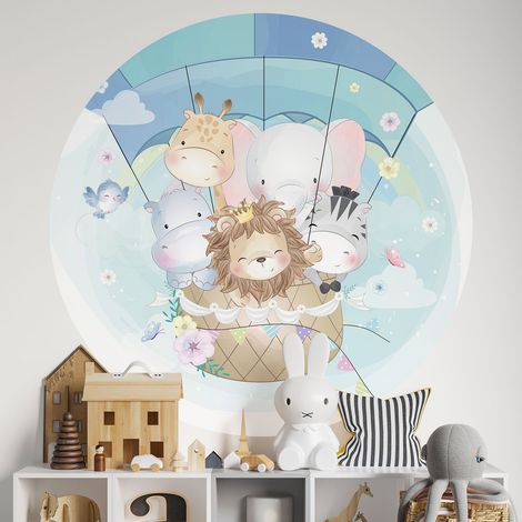 Sticker mural rond / cercle Enfants - Montgolfière Animaux - Diamètre 50 cm - Adhésif MAT (1/2)