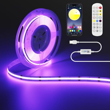 RGB Ruban LED COB 5V 2m, 1200LEDs Couleur Changement Bande Lumière, Multicolore Flexible LED Light avec Bluetooth App Contrôle pour Télévision, Chambre à Coucher, Fête, DIY Décoration (1/5)