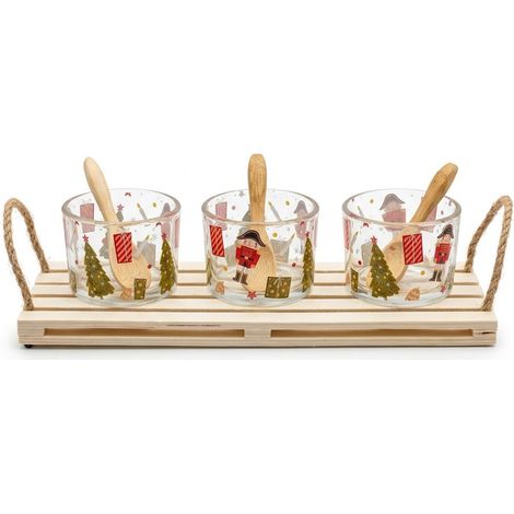 Antipastiera 3 Posti con Ciotole in vetro,vassoio e cucchiaini in Legno di Bambù -Decoro soldatino Ottima Idea Regalo per Natale Porta Stuzzichini Aperitivo Natalizio (1/5)