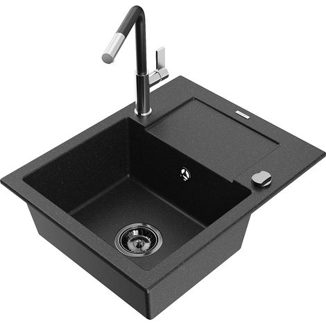 Mexen Enzo fregadero de granito de un seno con escurridor y grifo de cocina Flora, negro/plata met谩lico - 6506-73-670401-07-B