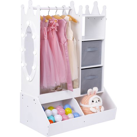 Armoire de rangement pour enfants avec miroir et éclairage – Dressing ouvert en bois, bac de rangement inclus – Idéal pour vêtements et déguisements – Mobilier chambre fille – Couleur rose (1/5)