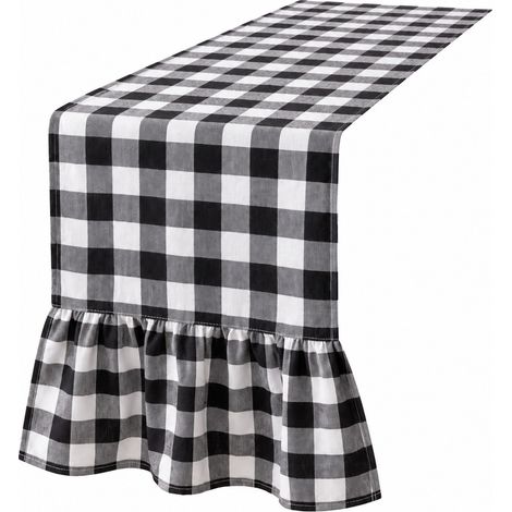 Chemin de table à carreaux de Noël, double volant, coton-lin, pour table à manger 33-160 cm, noir et blanc, quadrillage 4 cm (1/5)