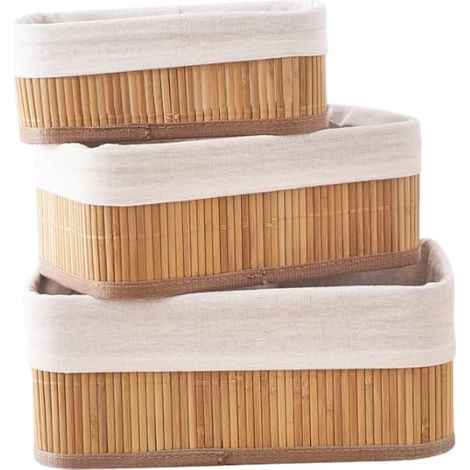 Lot de 3 paniers de rangement en bambou avec doublure en tissu, naturel, paniers de rangement pour armoires et étagères (1/4)