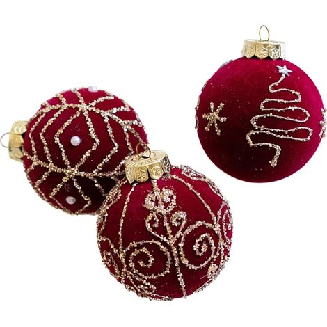 Boules de Noël en velours floqué, décorations à suspendre au sapin de 8 cm, motif flocons de neige, pois et rayures A