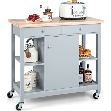 COSTWAY Mobile Kitchen Island Cart Rolling Kitchen Island w/4 Open Shelves Grey (1/5)