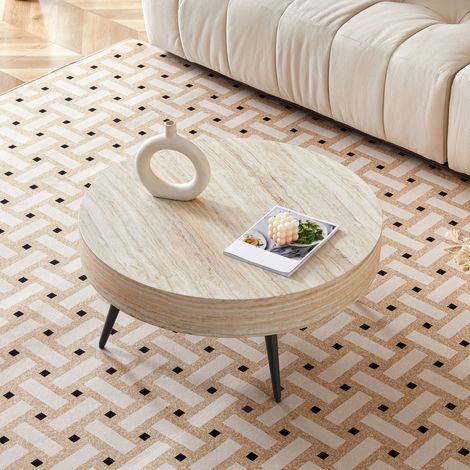 Mesa baja 70x70x35,5 cm MDF travertino claro y metal negro, ahorra espacio salón FloraGrace (1/5)