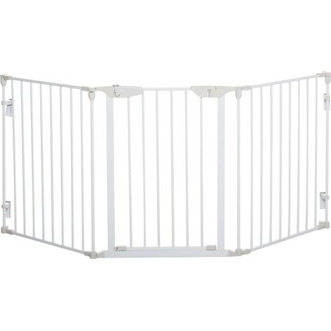 Absperrgitter Für Hunde Schutzgitter Hundegitter Türschutzgitter 3 Elemente Inkl. Sicherheitstür Metall Kunststoff Weiß 180 X 3 X 74,5 Cm