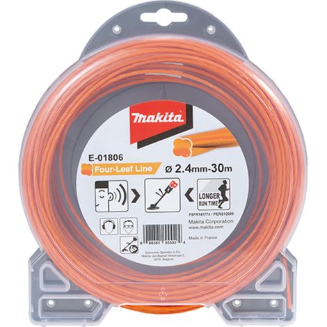 Makita – E01806 Fil pour débroussailleuse nylon tressé 4 brins 2,4 mm x 30 m – Résistant pour terrains accidentés – Couleur orange