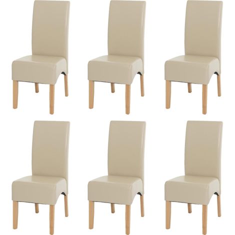 Lot de 6 chaises de salle à manger dossier haut assise rembourrée et protections de sol cuir refendu enduit similicuir crème et bois d’hévéa 040011508 (1/5)