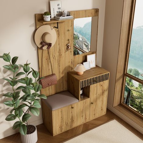MEUBLIV Mueble zapatero de entrada 110x37x185,5 cm negro y natural – espejo, almacenamiento (1/5)