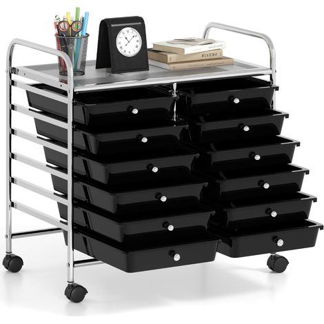 Carrello portaoggetti con 12 cassetti e ampio piano di lavoro Cassettiera con 4 ruote Nero (1/4)