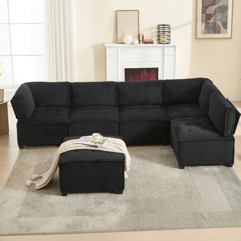 Modulares 6-Sitzer-Sofa (308x154x81.99 cm), flexibel kombinierbar als U Form oder L Form, mit Seitentaschen, Cord, Schwarz (1/5)